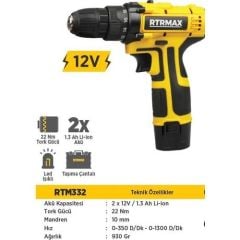 RTRMAX RTM332 AKÜLÜ MATKAP 12V/1,3 A Lİ-İON ÇİFT A