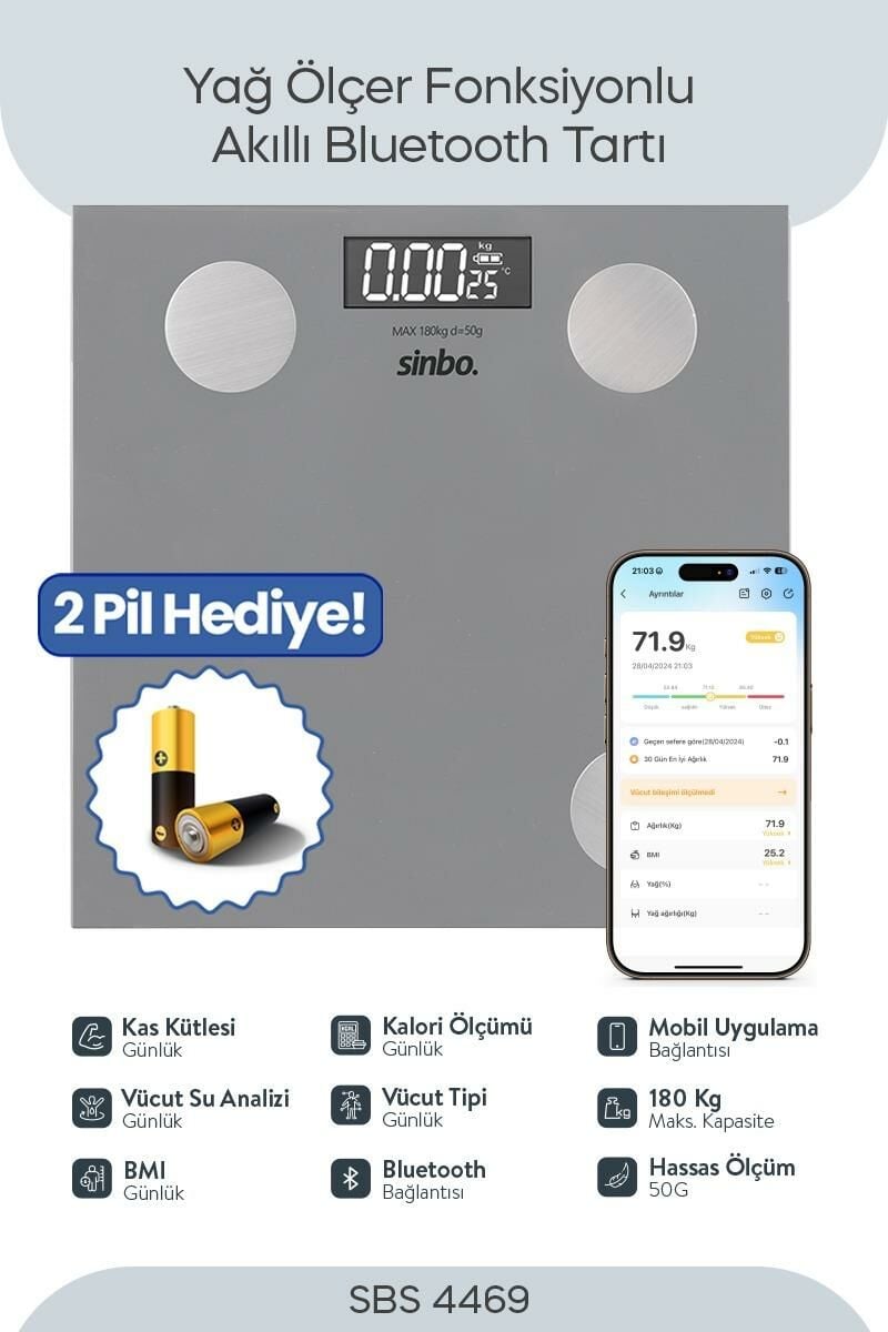 Sinbo SBS-4469 Bluetooth Dijital Yağ Su Kas Vücut Kitle Endeksi Kilo Ölçer Tartı Baskül